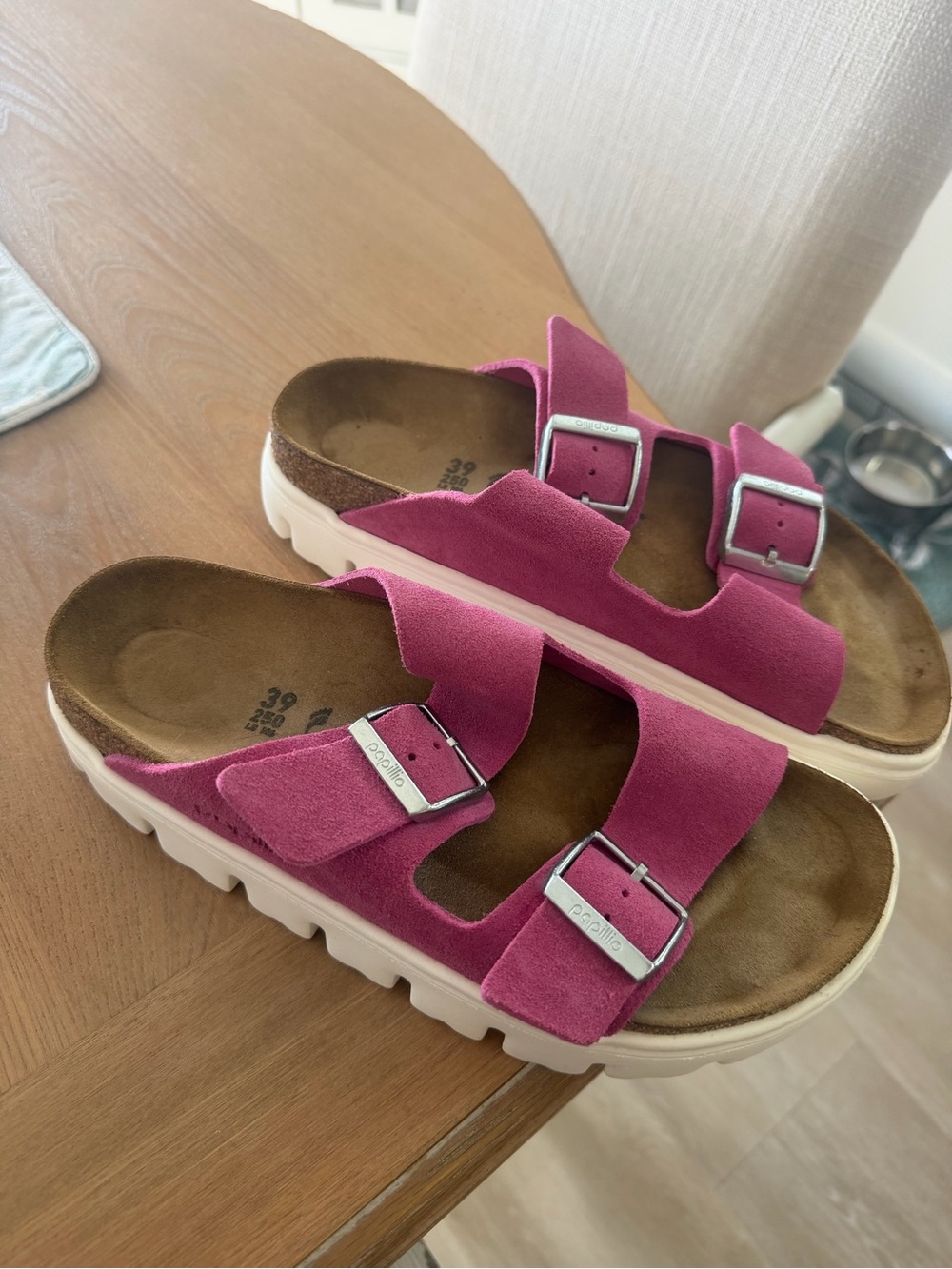 Birkenstock Pink Suede Double-Buckle Slide Sandals with White Platform Sole